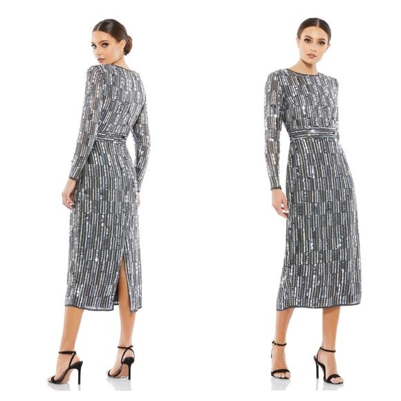 NWT MAC DUGGAL Charcoal Beaded Embellished High Neck Long Sleeve Fitted Dress - Picture 1 of 14
